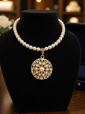 Pearl Beaded Necklace with Gold Filigree Pendant - Elegant Women’s Jewelry